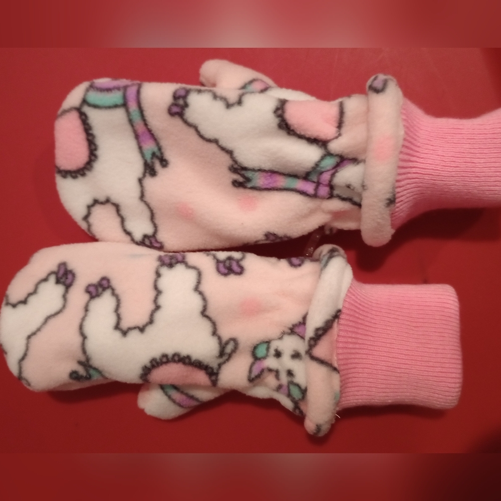 Pink Fleece Mittens with Animal Print